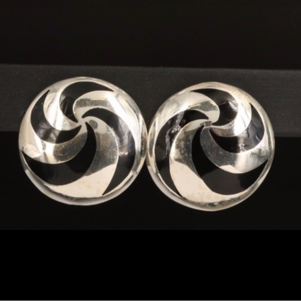 Vintage Mexican Sterling Silver Large Black Inlay Earrings